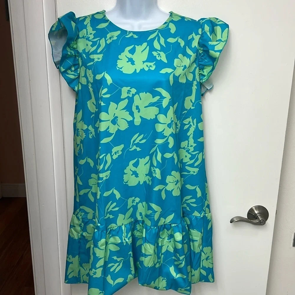 Floral Blue and Green Women's Dress - Picture 1 of 10